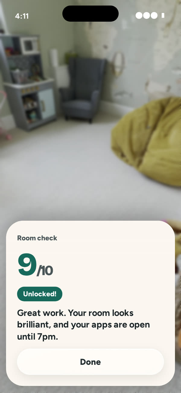Phone screen: room check 9 out of 10, unlocked until 7pm